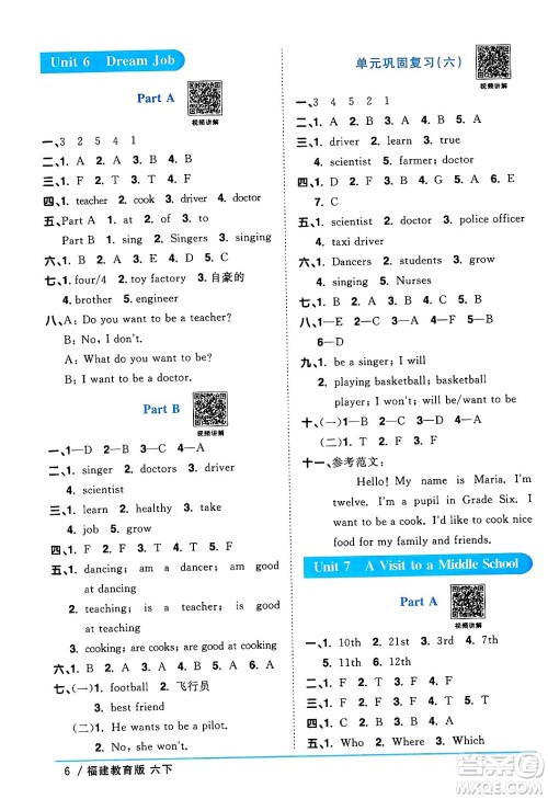 江西教育出版社2024年春阳光同学课时优化作业六年级英语下册闽教版福建专版答案