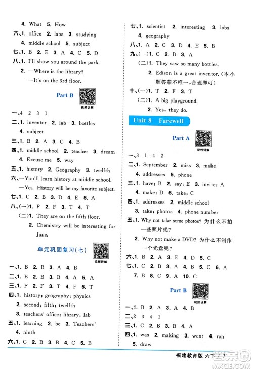 江西教育出版社2024年春阳光同学课时优化作业六年级英语下册闽教版福建专版答案