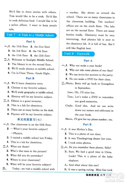 江西教育出版社2024年春阳光同学课时优化作业六年级英语下册闽教版福建专版答案