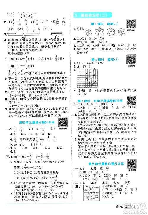 福建少年儿童出版社2024年春阳光同学课时优化作业五年级数学下册人教版福建专版答案