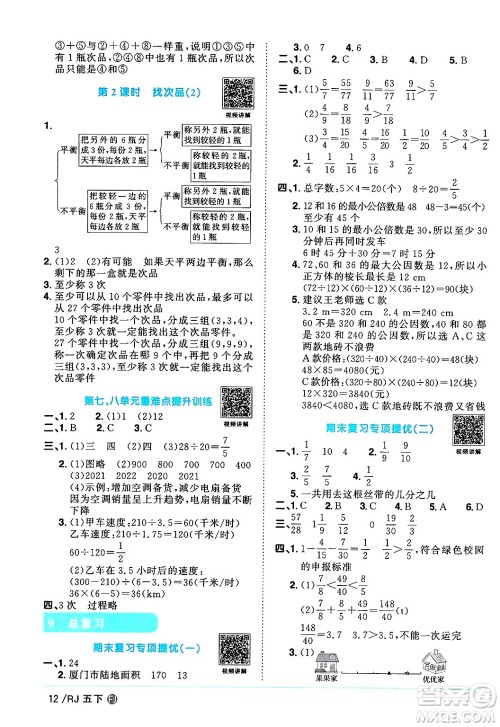 福建少年儿童出版社2024年春阳光同学课时优化作业五年级数学下册人教版福建专版答案 福建少年儿童出版社2024年春阳光同学课时优化作业五年级数学下册人教版福建专版答案