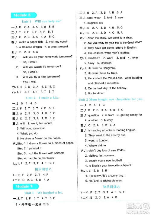 江西教育出版社2024年春阳光同学课时优化作业五年级英语下册外研版一起点答案
