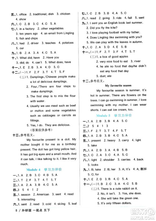 江西教育出版社2024年春阳光同学课时优化作业五年级英语下册外研版一起点答案