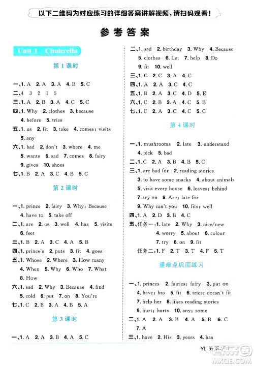 江西教育出版社2024年春阳光同学课时优化作业五年级英语下册译林版江苏专版答案