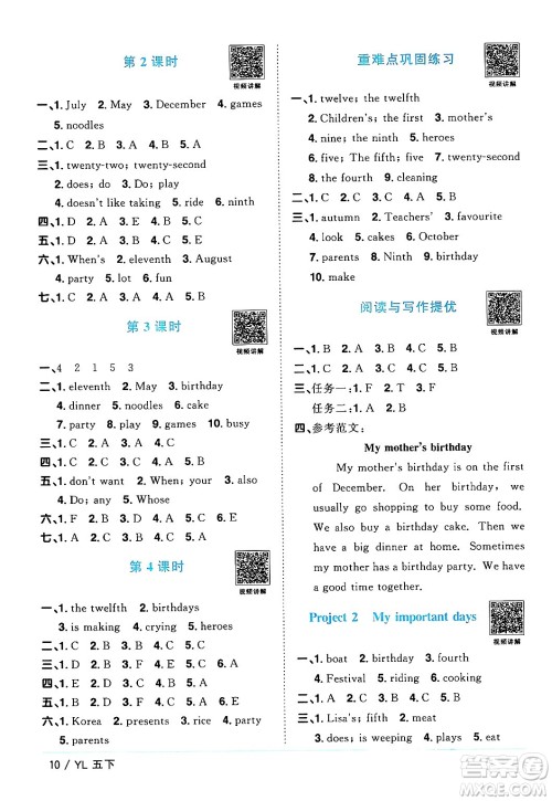 江西教育出版社2024年春阳光同学课时优化作业五年级英语下册译林版江苏专版答案