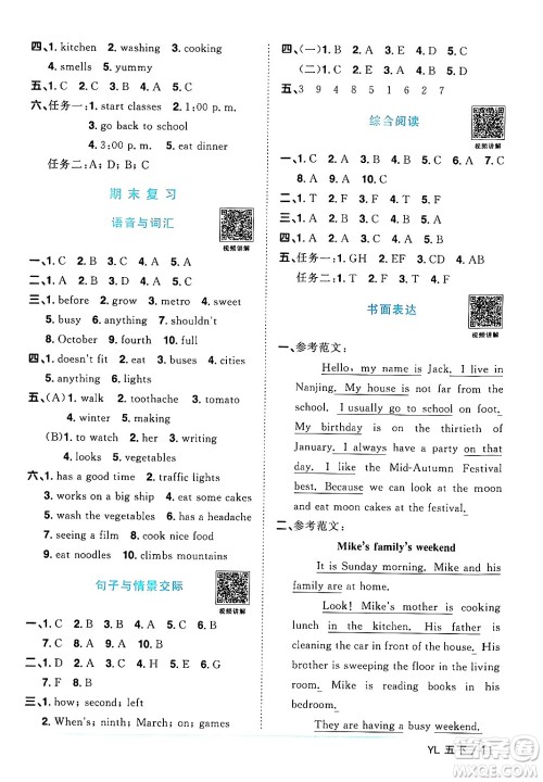 江西教育出版社2024年春阳光同学课时优化作业五年级英语下册译林版江苏专版答案