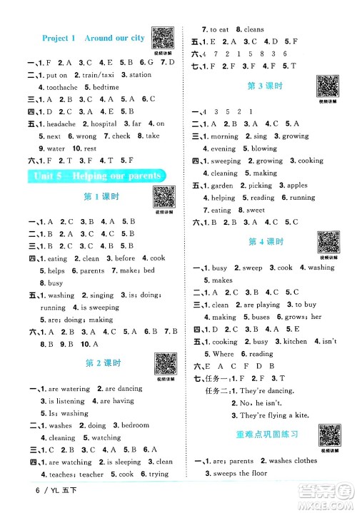 江西教育出版社2024年春阳光同学课时优化作业五年级英语下册译林版江苏专版答案