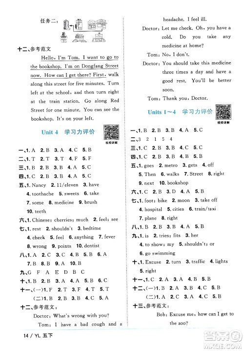 江西教育出版社2024年春阳光同学课时优化作业五年级英语下册译林版江苏专版答案