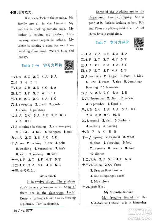 江西教育出版社2024年春阳光同学课时优化作业五年级英语下册译林版江苏专版答案