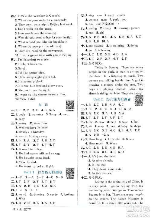 江西教育出版社2024年春阳光同学课时优化作业五年级英语下册冀教版答案 江西教育出版社2024年春阳光同学课时优化作业五年级英语下册冀教版答案