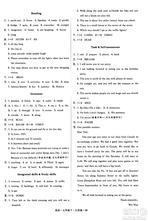 甘肃少年儿童出版社2024年春学霸题中题七年级英语下册江苏版答案