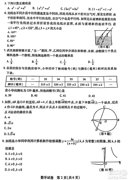 2024年武汉市中考适应性考试数学试卷参考答案