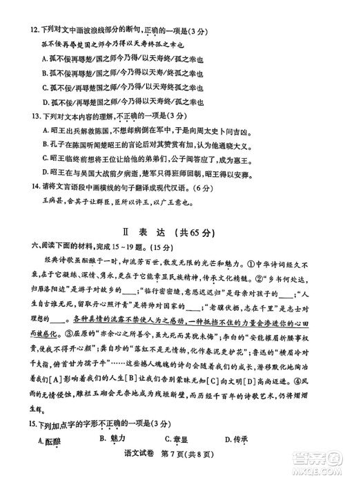 2024年武汉市中考适应性考试语文试卷参考答案