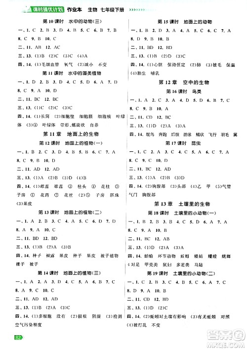 江苏凤凰美术出版社2024年春课时提优计划作业本七年级生物下册苏科版答案