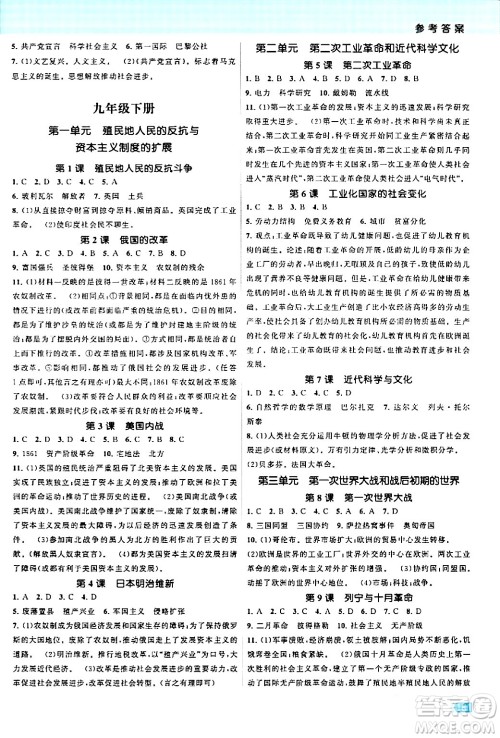 江苏凤凰美术出版社2024年春课时提优计划作业本九年级历史下册通用版答案