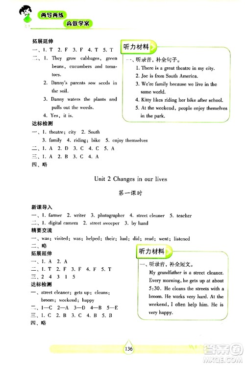 希望出版社2024年春新课标两导两练高效学案六年级英语下册沪教版答案