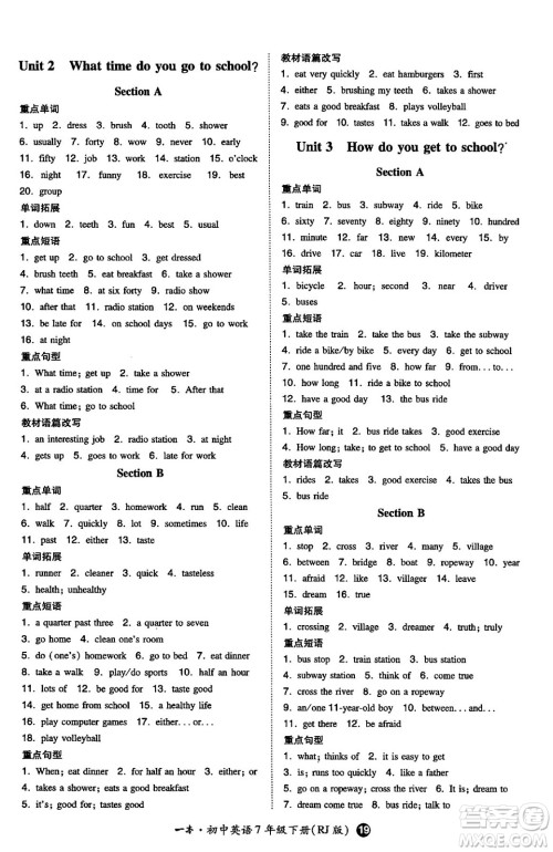 湖南教育出版社2024年春一本同步训练七年级英语下册人教版答案 湖南教育出版社2024年春一本同步训练七年级英语下册人教版答案