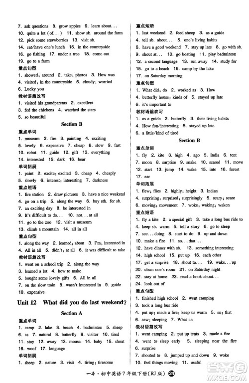 湖南教育出版社2024年春一本同步训练七年级英语下册人教版答案 湖南教育出版社2024年春一本同步训练七年级英语下册人教版答案