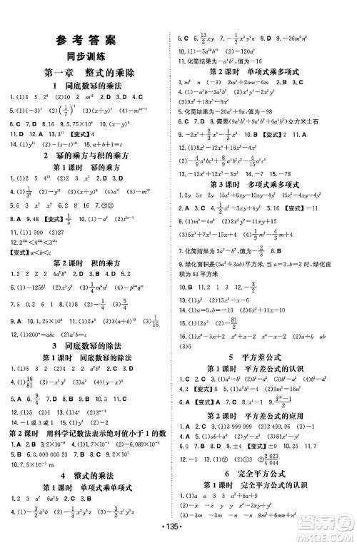 湖南教育出版社2024年春一本同步训练七年级数学下册北师大版答案