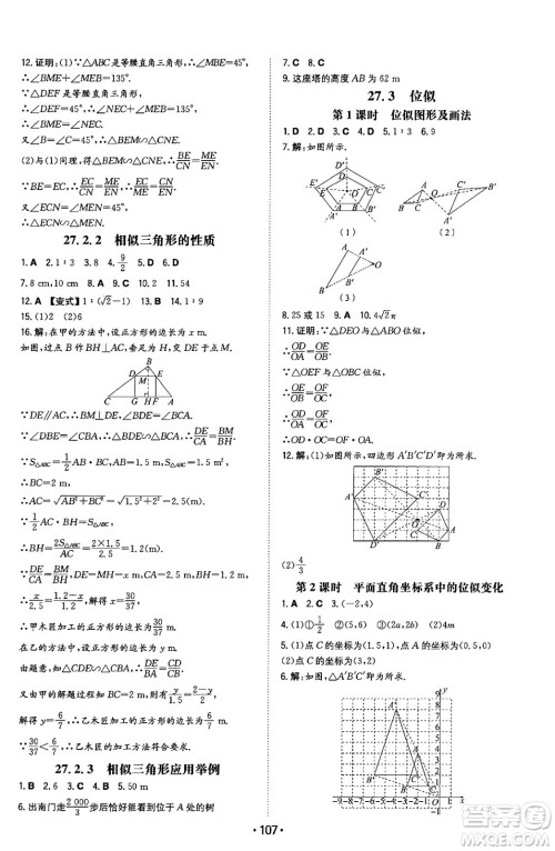 湖南教育出版社2024年春一本同步训练九年级数学下册人教版答案