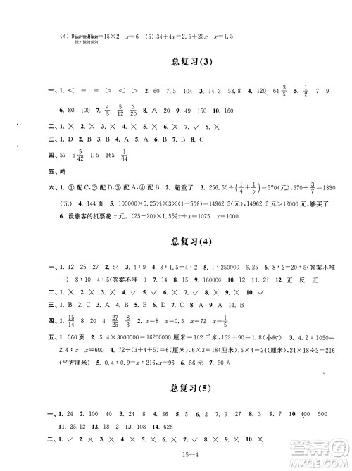 江苏凤凰科学技术出版社2024年春同步练习配套试卷六年级数学下册通用版参考答案