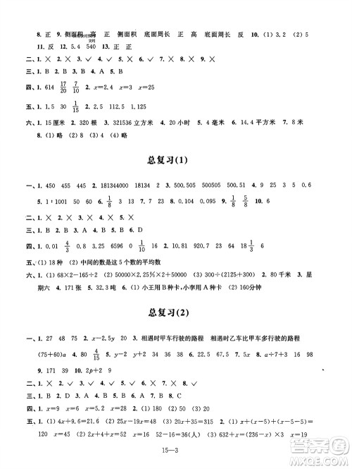 江苏凤凰科学技术出版社2024年春同步练习配套试卷六年级数学下册通用版参考答案