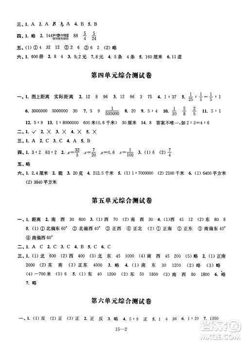 江苏凤凰科学技术出版社2024年春同步练习配套试卷六年级数学下册通用版参考答案