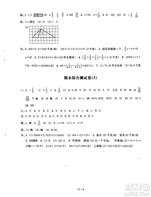 江苏凤凰科学技术出版社2024年春同步练习配套试卷六年级数学下册通用版参考答案