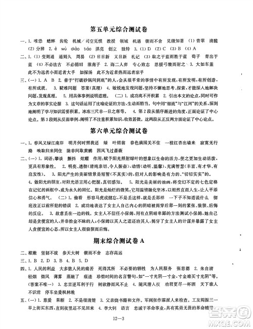 江苏凤凰科学技术出版社2024年春同步练习配套试卷六年级语文下册通用版参考答案