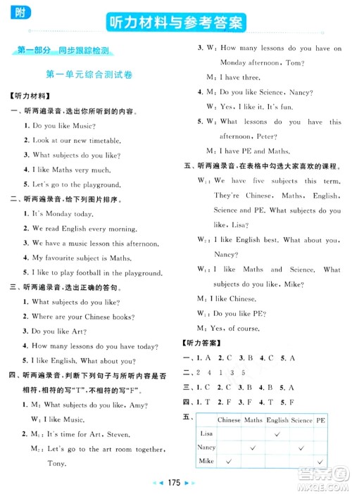 北京教育出版社2024年春同步跟踪全程检测四年级英语下册译林版答案