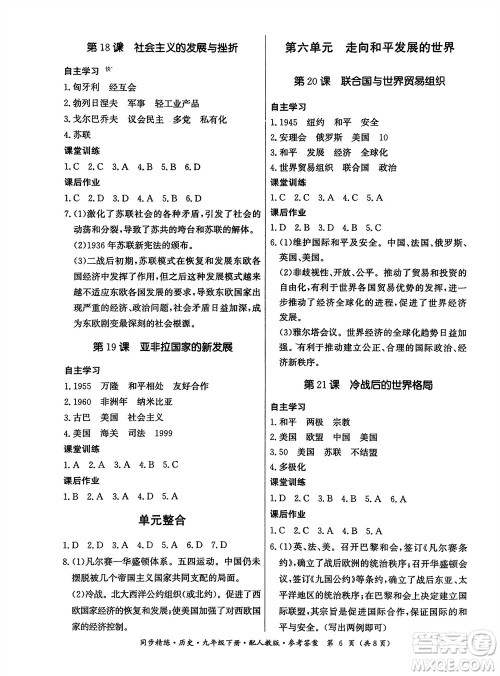 广东人民出版社2024年春同步精练九年级历史下册人教版参考答案