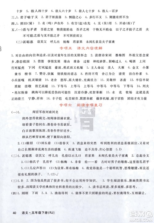 长江少年儿童出版社2024年春课堂点睛五年级语文下册人教版湖北专版参考答案 长江少年儿童出版社2024年春课堂点睛五年级语文下册人教版湖北专版参考答案