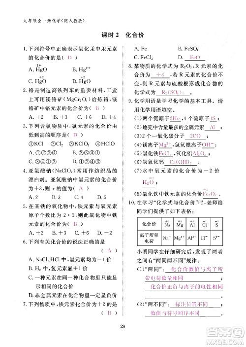 江西教育出版社2024年春化学作业本九年级化学下册人教PEP版答案