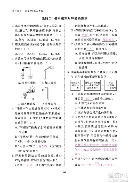 江西教育出版社2024年春化学作业本九年级化学下册人教PEP版答案