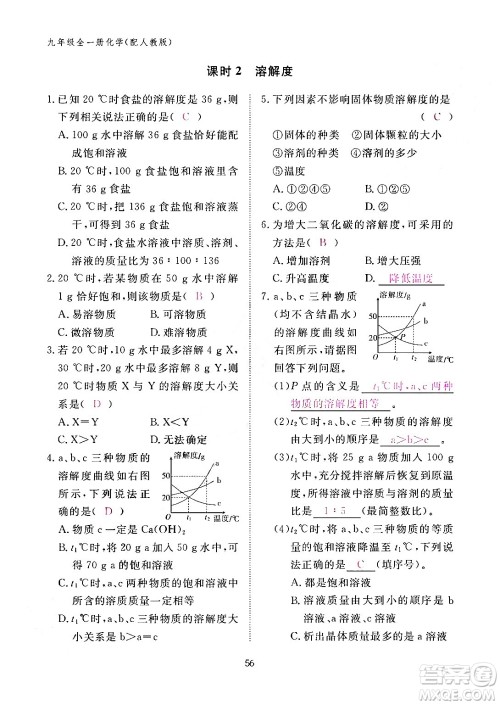 江西教育出版社2024年春化学作业本九年级化学下册人教PEP版答案