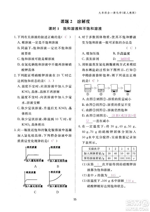 江西教育出版社2024年春化学作业本九年级化学下册人教PEP版答案