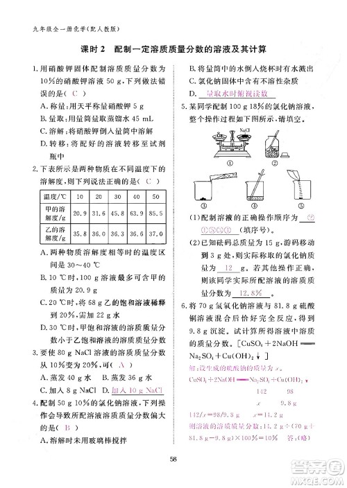 江西教育出版社2024年春化学作业本九年级化学下册人教PEP版答案