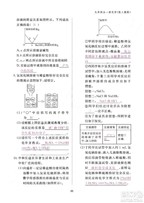 江西教育出版社2024年春化学作业本九年级化学下册人教PEP版答案