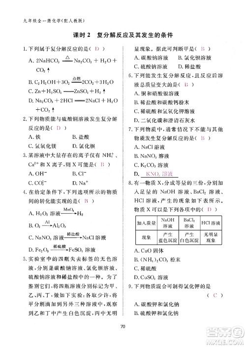 江西教育出版社2024年春化学作业本九年级化学下册人教PEP版答案