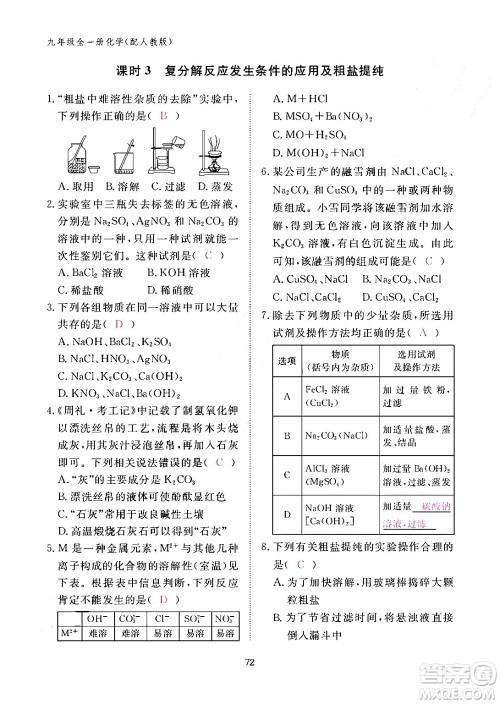 江西教育出版社2024年春化学作业本九年级化学下册人教PEP版答案