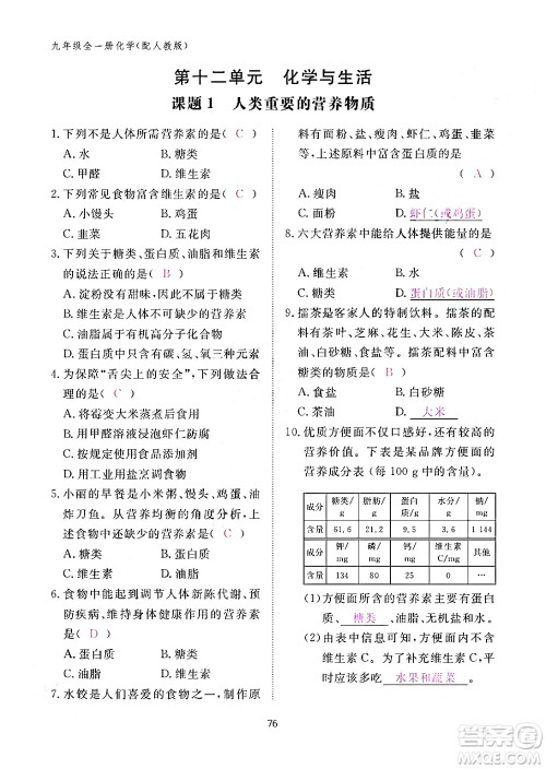 江西教育出版社2024年春化学作业本九年级化学下册人教PEP版答案