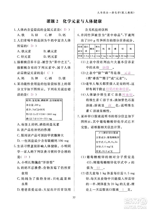 江西教育出版社2024年春化学作业本九年级化学下册人教PEP版答案