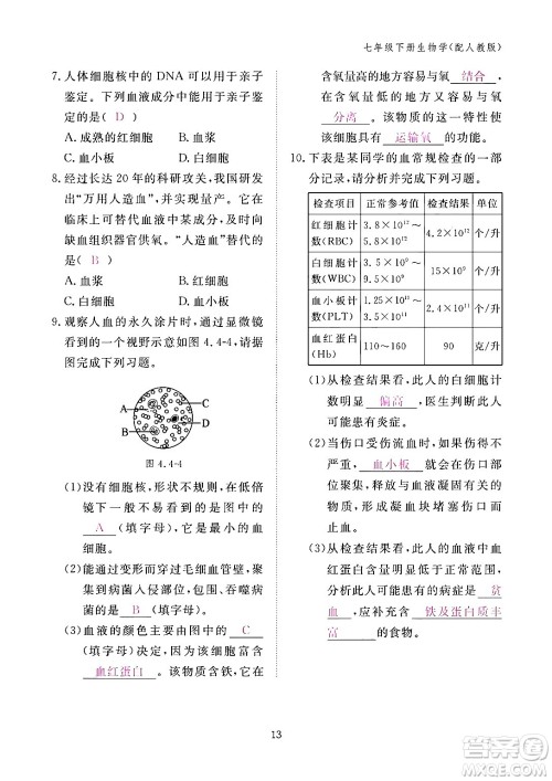 江西教育出版社2024年春生物作业本七年级生物下册人教版答案