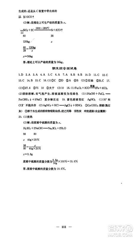 四川大学出版社2024年春课堂点睛九年级化学下册沪教版参考答案 四川大学出版社2024年春课堂点睛九年级化学下册沪教版参考答案