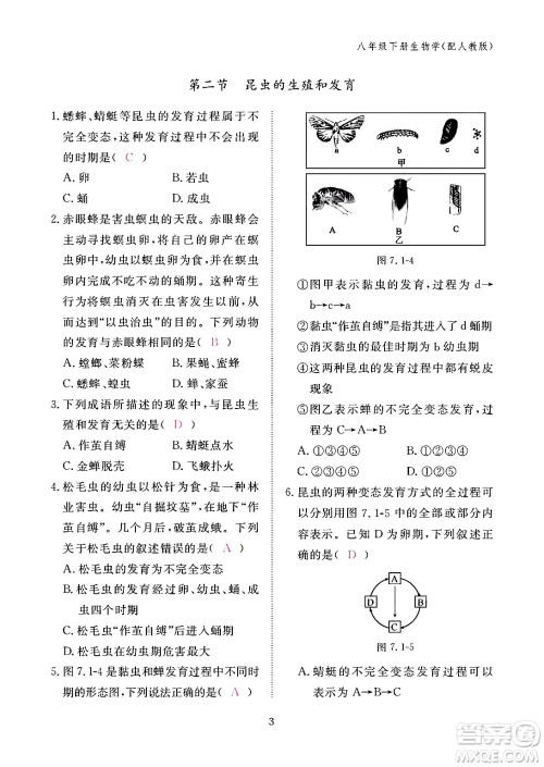 江西教育出版社2024年春生物作业本八年级生物下册人教版答案