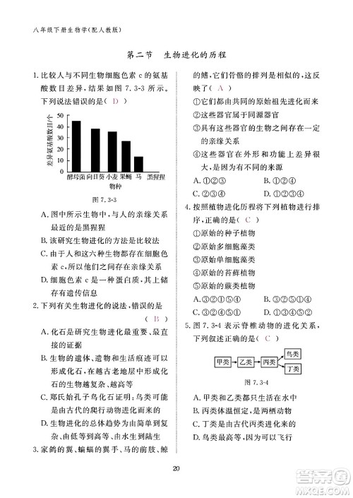 江西教育出版社2024年春生物作业本八年级生物下册人教版答案