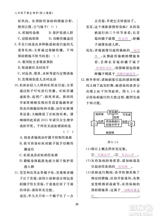 江西教育出版社2024年春生物作业本八年级生物下册人教版答案