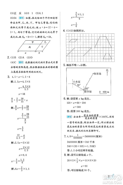 湖南教育出版社2024年春一本同步训练六年级数学下册人教版福建专版答案