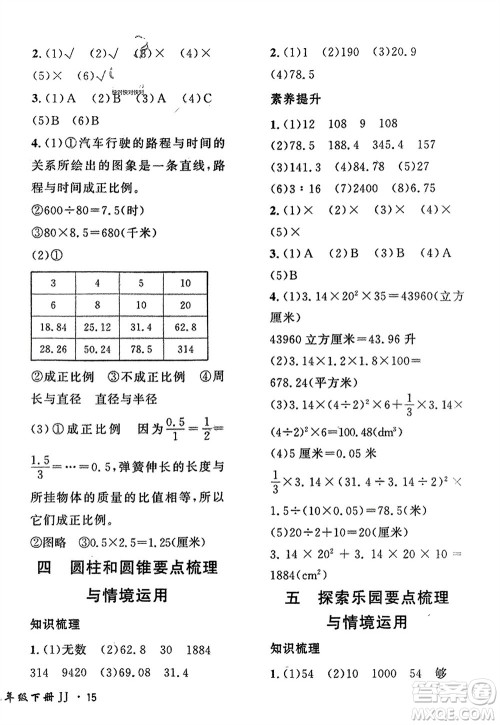 济南出版社2024年春黄冈360度定制密卷六年级数学下册冀教版参考答案