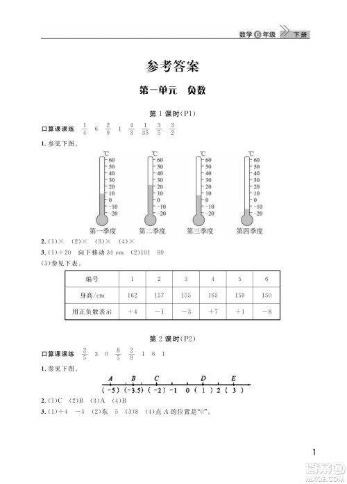 武汉出版社2024年春智慧学习天天向上课堂作业六年级数学下册人教版答案